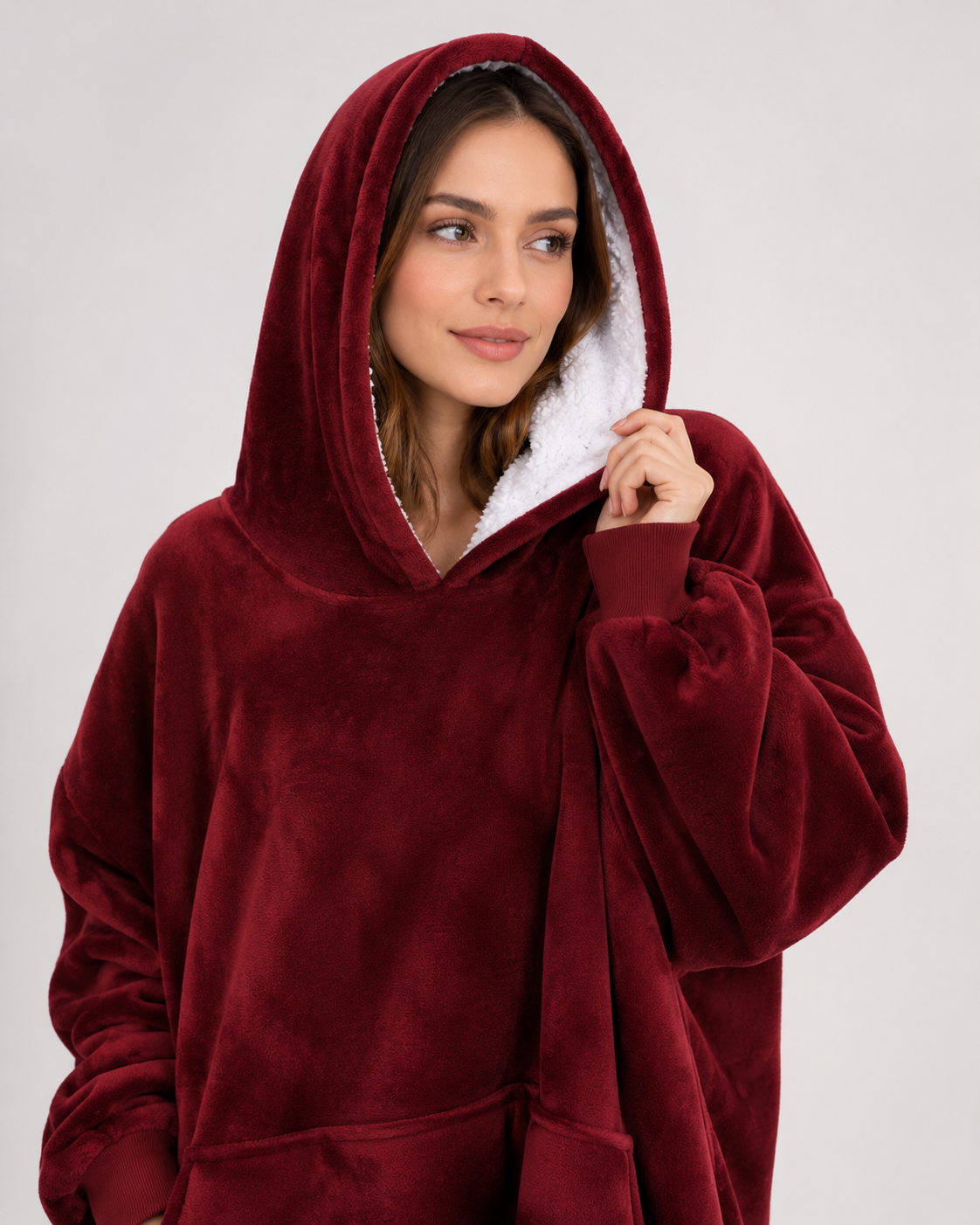 Oversized burgundy blanket hoodie with a cream sherpa lined hood