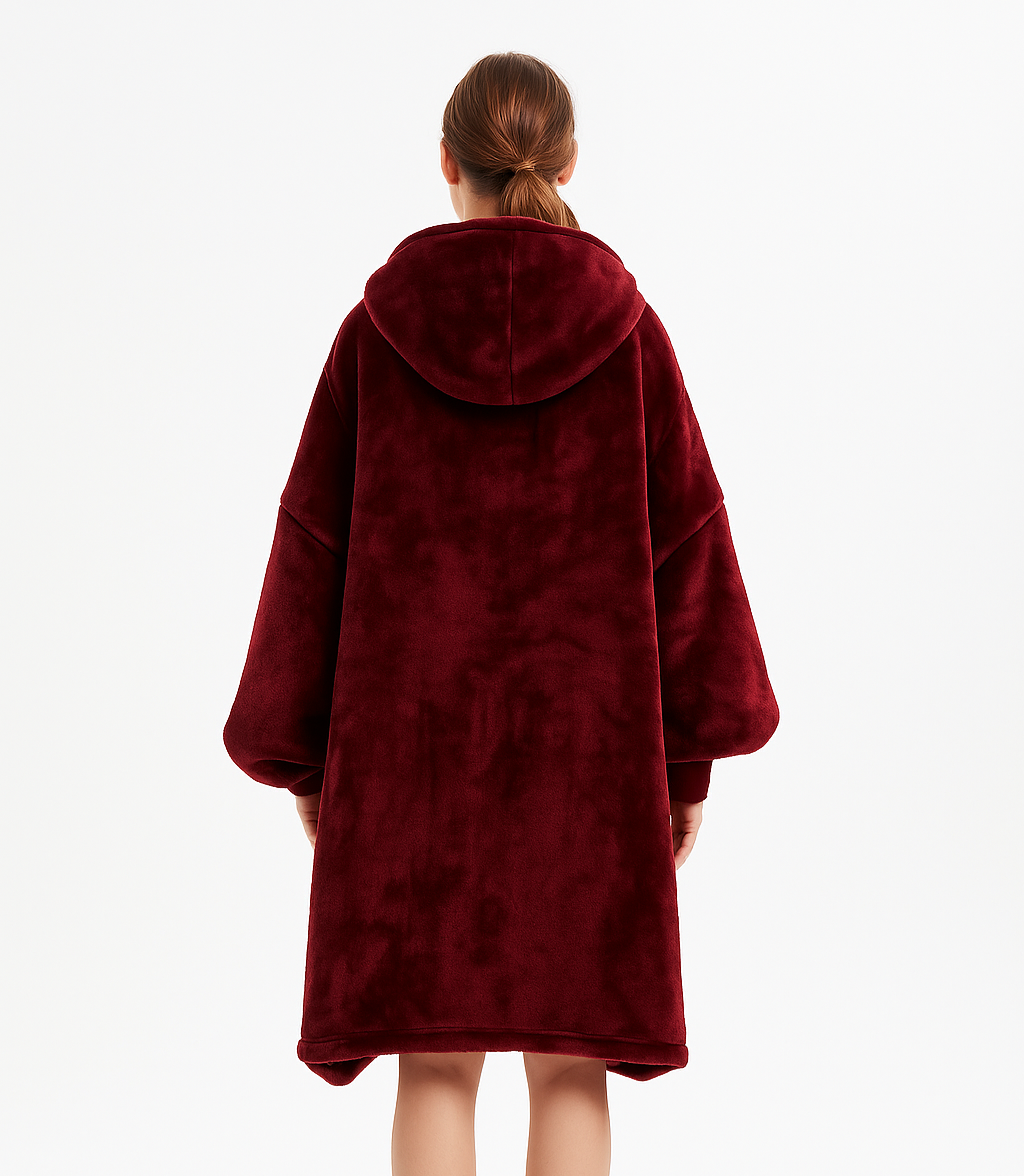 Oversized burgundy blanket hoodie with a cream sherpa lined hood