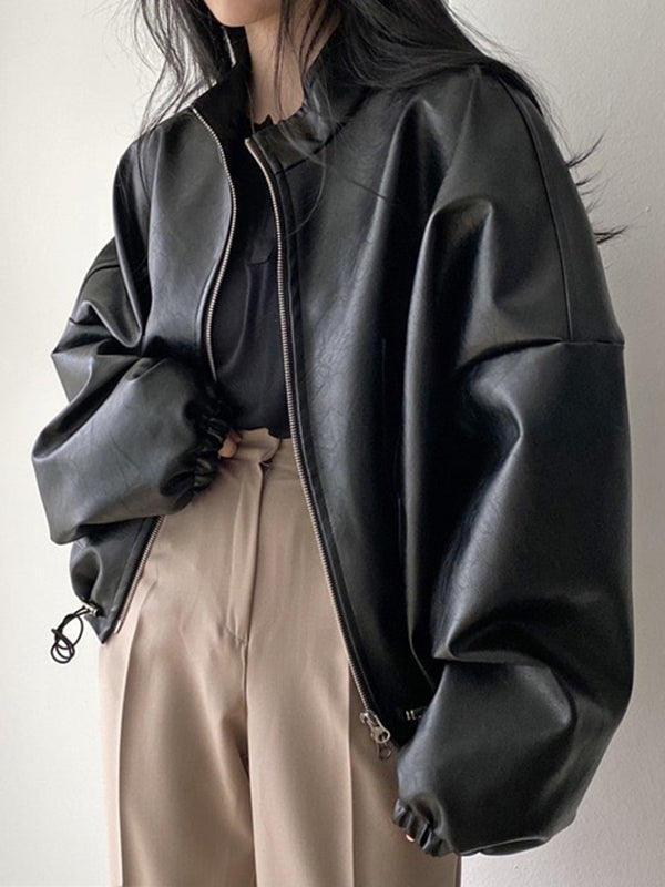 Oversized faux leather bomber jacket with a stand collar and drawstring hem in black