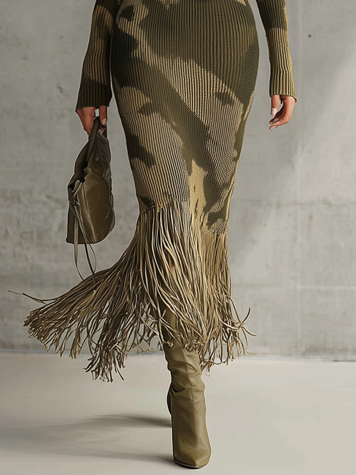 Ribbed camo knit dress with fringe hem - detail