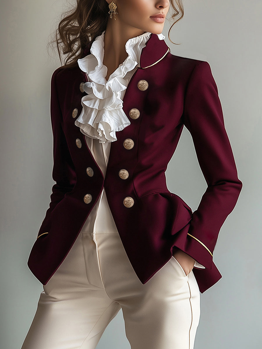 Fitted military blazer with gold-tone buttons and a short peplum in wine