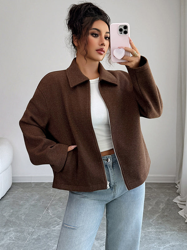 Short boxy jacket in a brushed cloth with a shirt collar and zip in brown