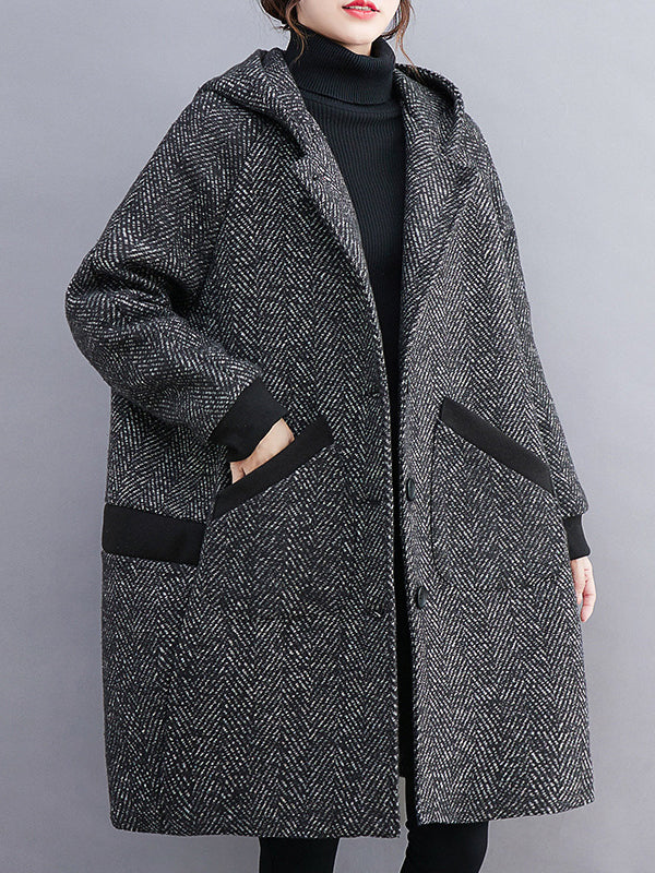 Grey herringbone hooded coat with ribbed cuffs and contrast pocket trims