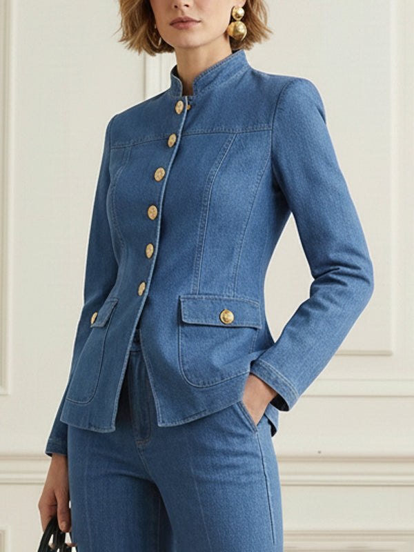 Fitted denim jacket with a stand collar and gold-tone buttons