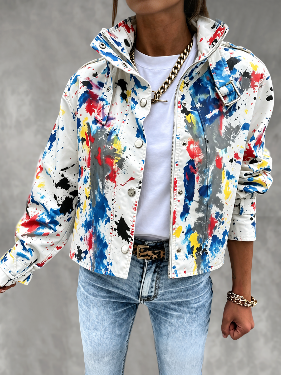 Cropped utility jacket with flap pockets and a drawstring hem in paint splatter