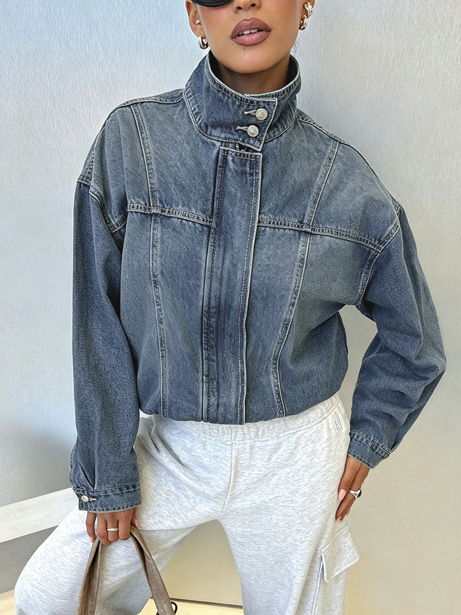 Cropped denim jacket with a high stand collar and balloon sleeves