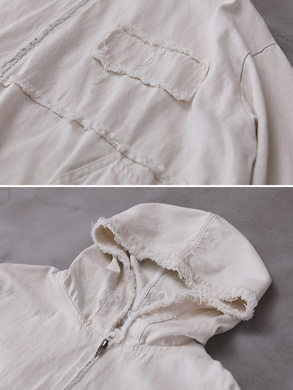 Oversized hooded jacket in washed cotton with frayed seams