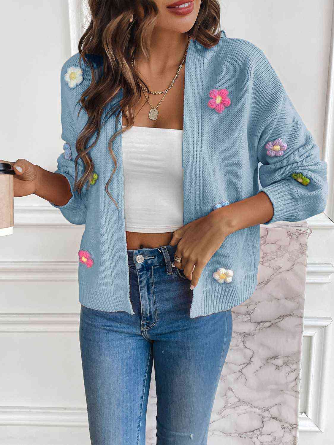 Women's crochet flower cardigan in Misty Blue