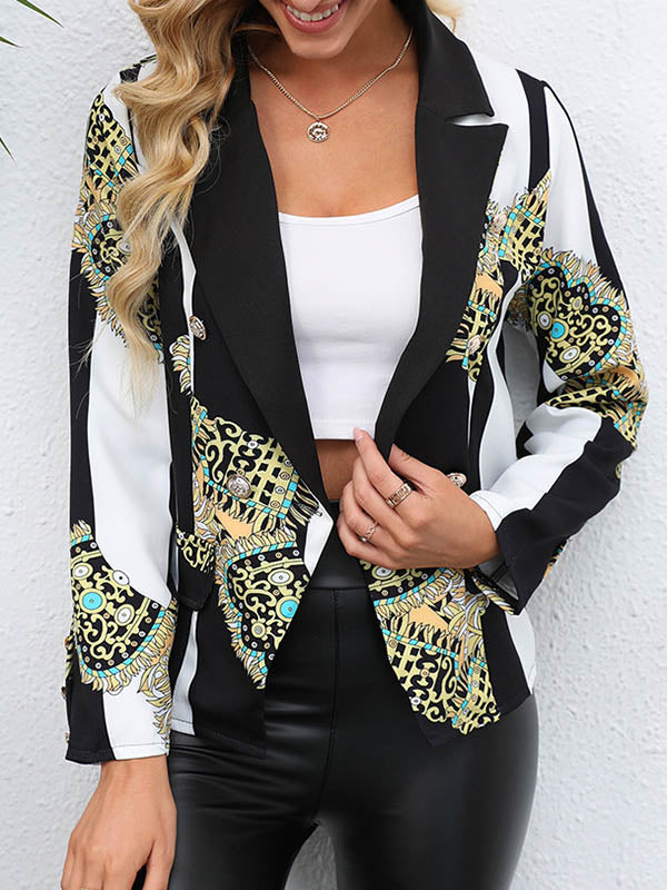 Cropped black and white striped blazer with baroque print panels