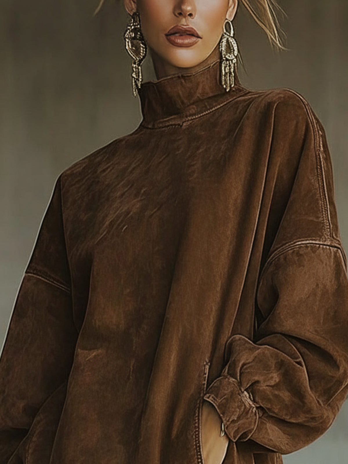 Oversized faux suede dress with fringed hem in Brown