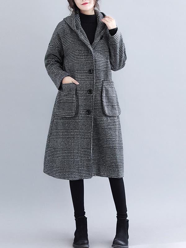 Hooded longline coat in a fine check with two patch pockets