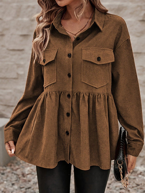 Tobacco brown corduroy shacket with a gathered peplum and chest pockets in tobacco