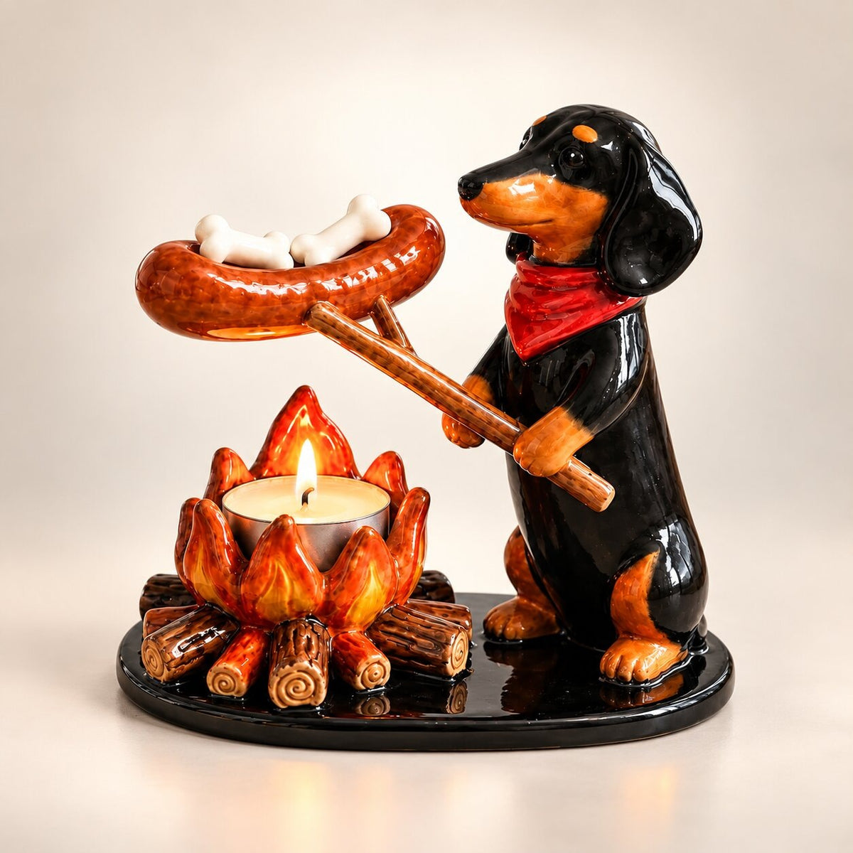 Tea light holder with an animal roasting a treat over a little campfire - dachshund