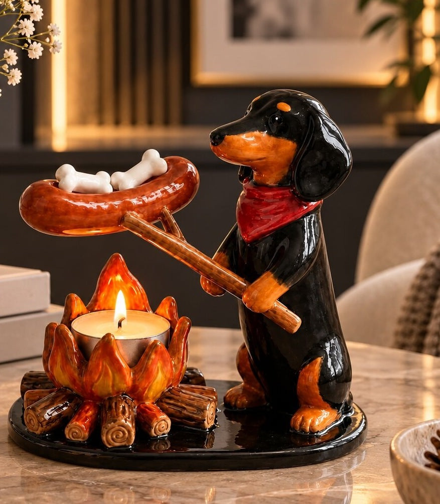Tea light holder with an animal roasting a treat over a little campfire - view 2