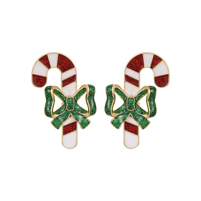 Candy cane Christmas stud earrings with a green glitter bow and gold-tone edge
