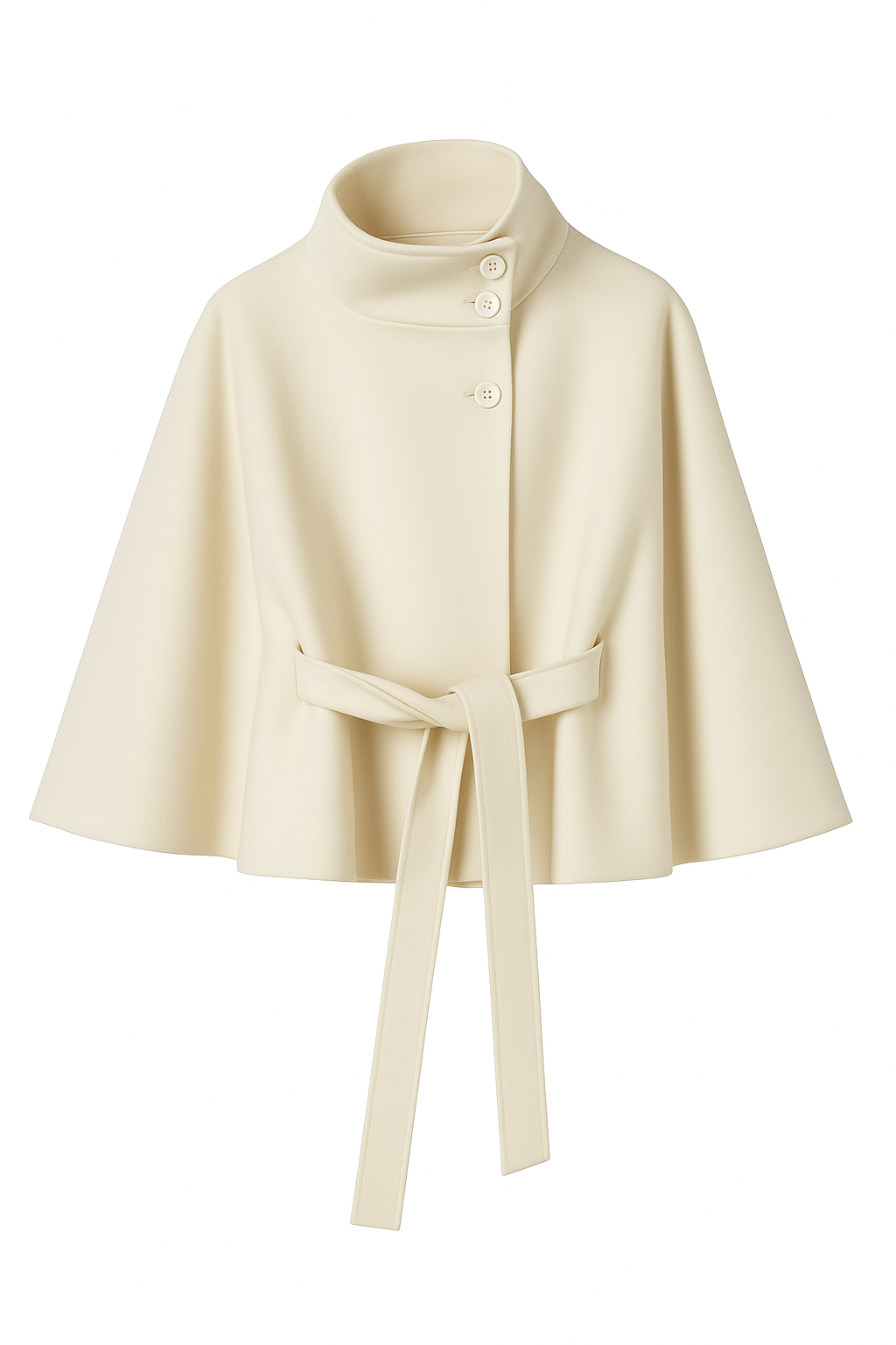 Women's cape coat with a high collar and tie belt - cream