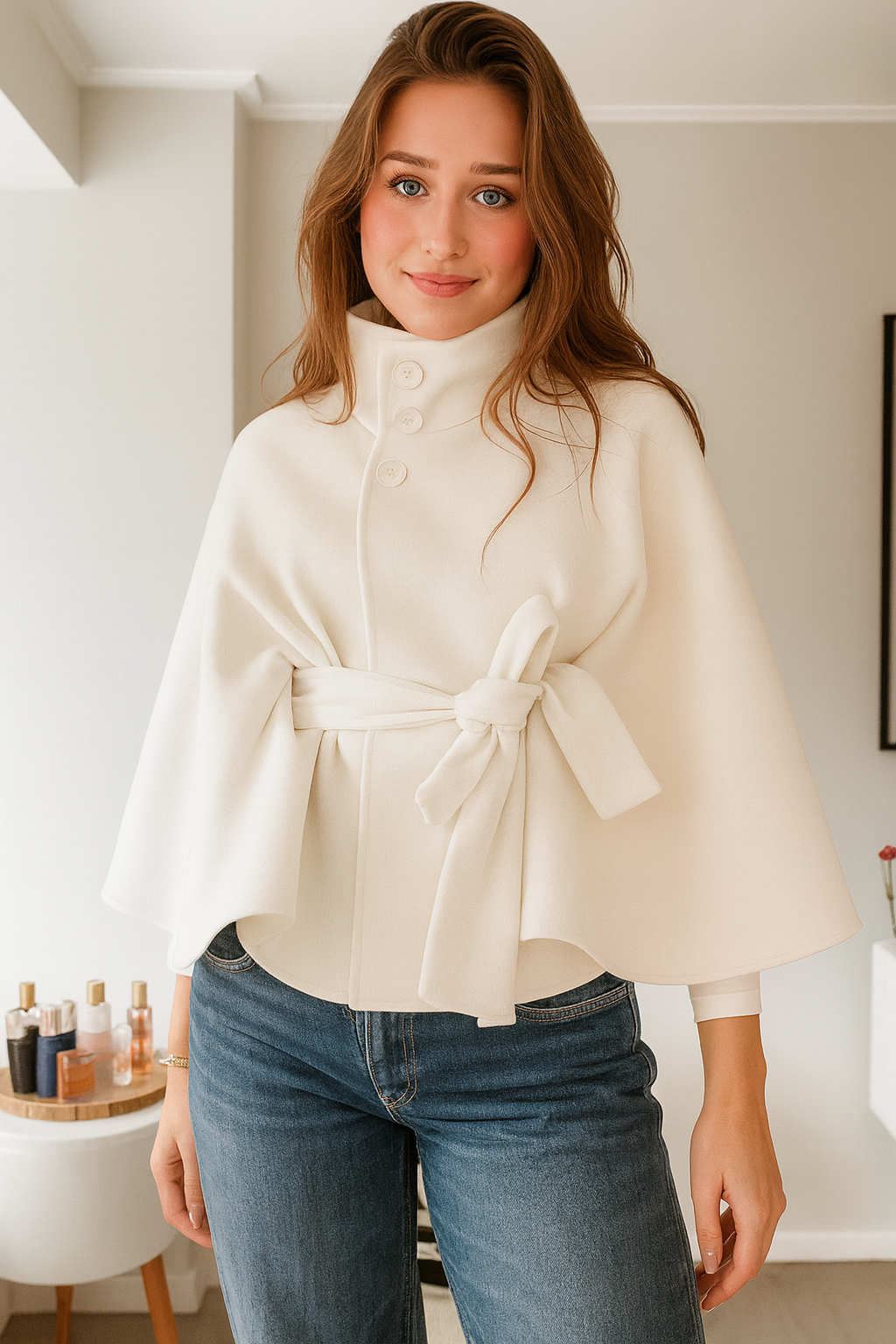 Women's cape coat with a high collar and tie belt