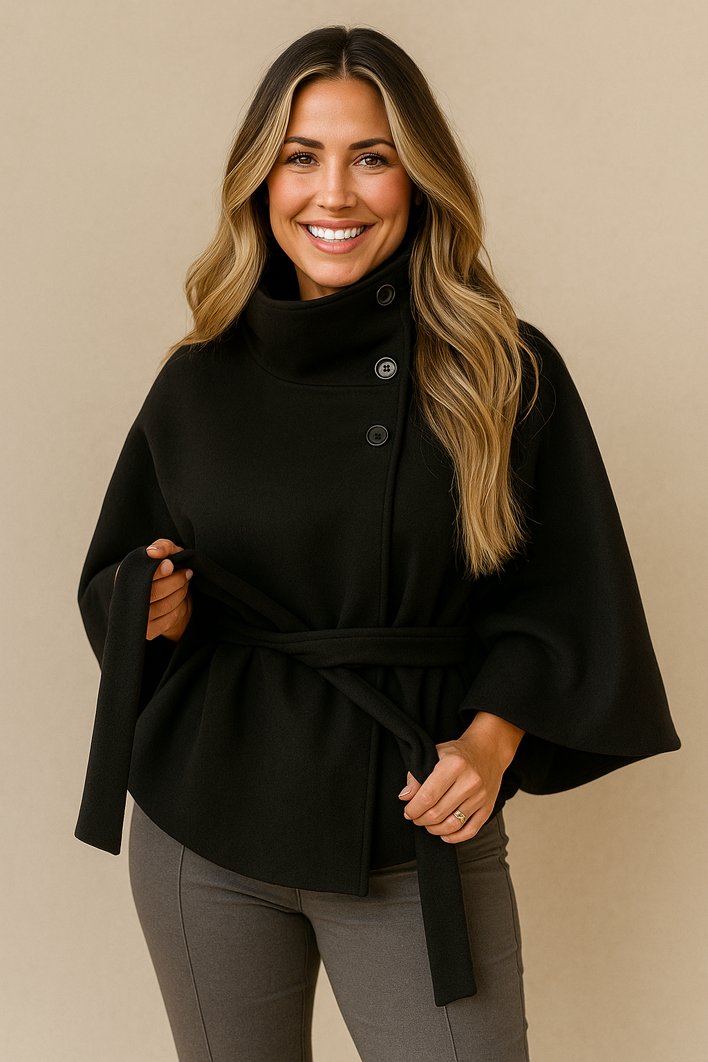 Women's cape coat with a high collar and tie belt