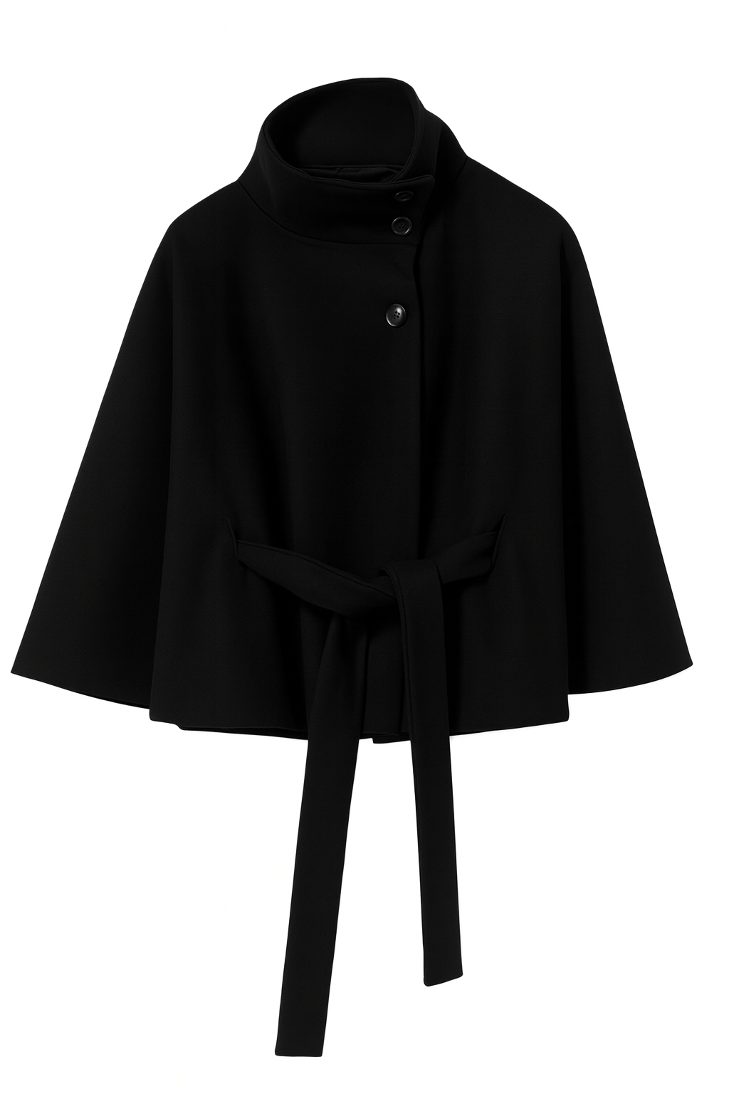 Women's cape coat with a high collar and tie belt - black