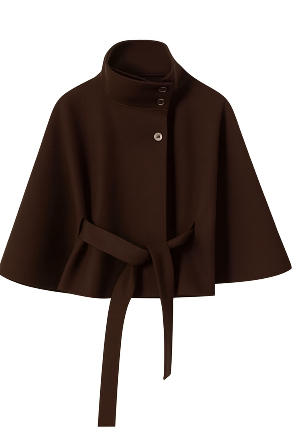 Women's cape coat with a high collar and tie belt - dark brown