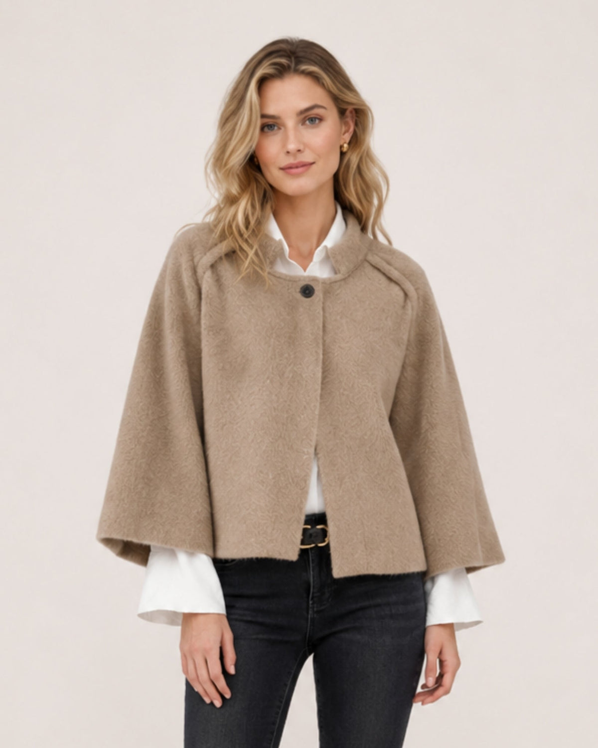 Women's cropped cape jacket with a stand collar and wide sleeves - beige
