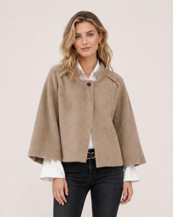 Women's cropped cape jacket with a stand collar and wide sleeves - beige