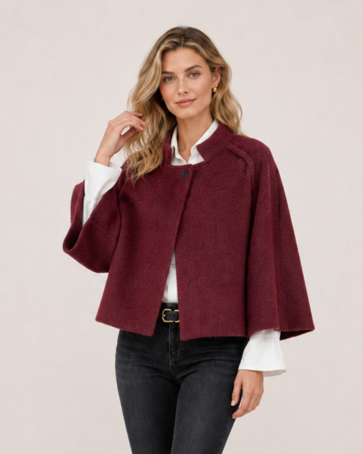 Women's cropped cape jacket with a stand collar and wide sleeves - burgundy