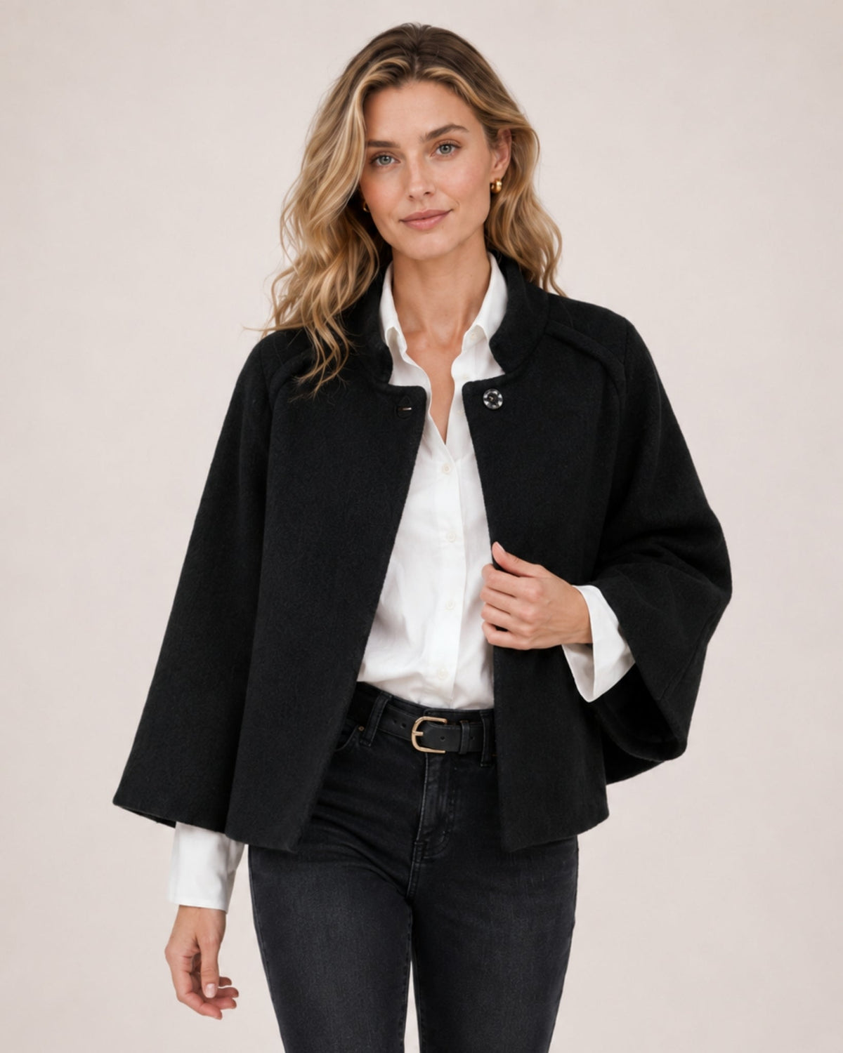 Women's cropped cape jacket with a stand collar and wide sleeves - black