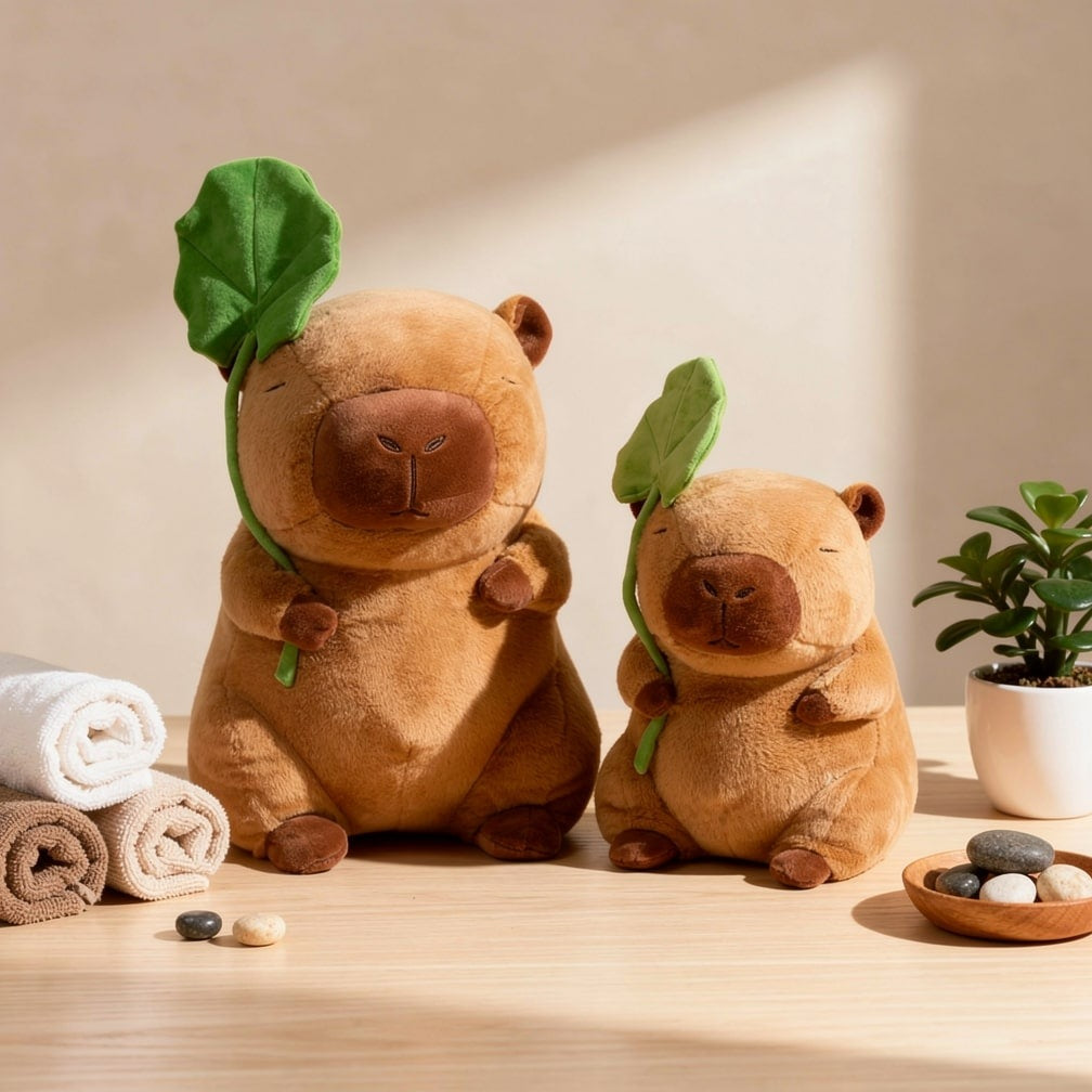 Capybara soft toy with a green leaf on its head - view 2