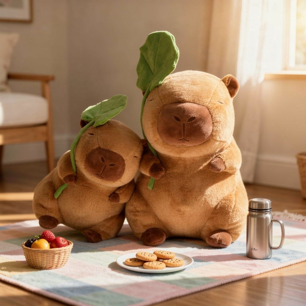 Capybara soft toy with a green leaf on its head - view 3