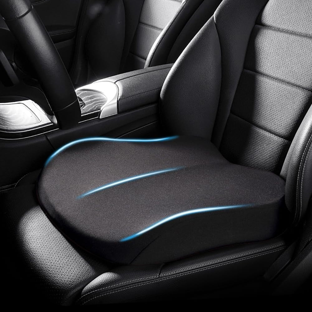 Memory foam car seat cushion with a height boost on a car seat - black