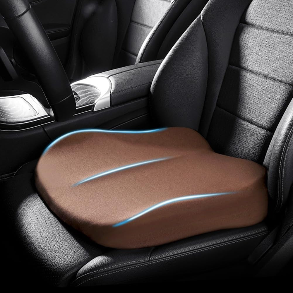 Memory foam car seat cushion with a height boost on a car seat - brown