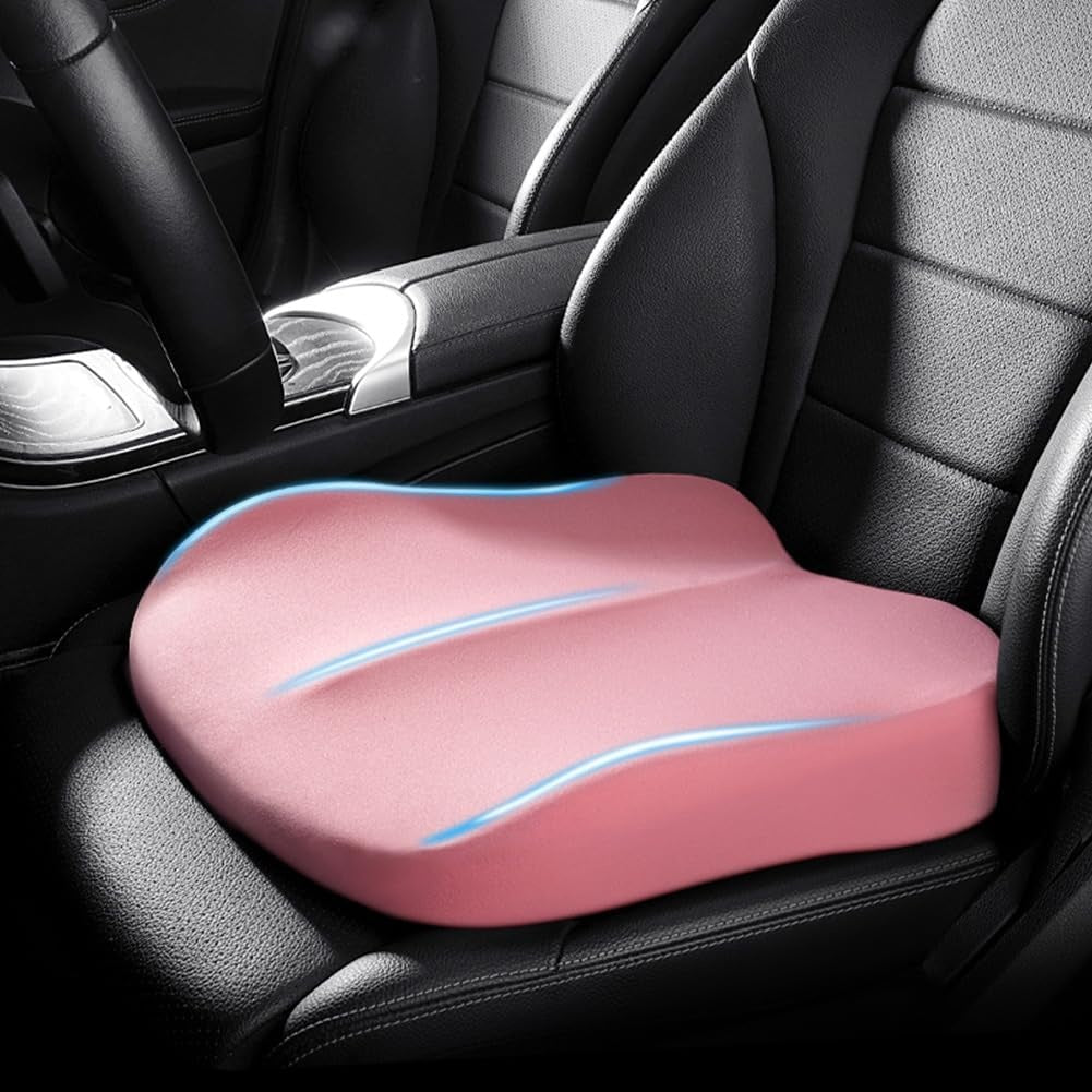 Memory foam car seat cushion with a height boost on a car seat - pink