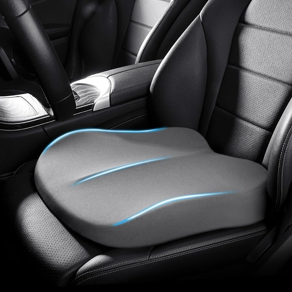 Memory foam car seat cushion with a height boost on a car seat - grey