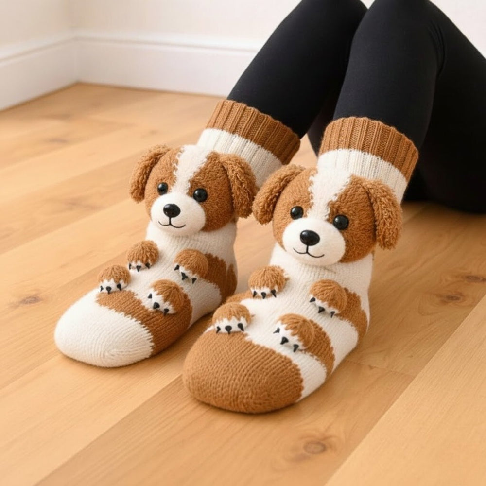 Socks with a knitted 3D animal head with ears and little paws on the foot - dogs
