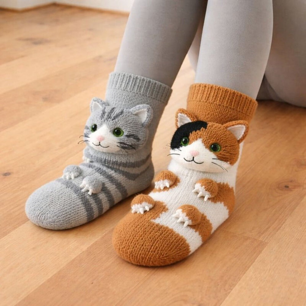 Socks with a knitted 3D animal head with ears and little paws on the foot