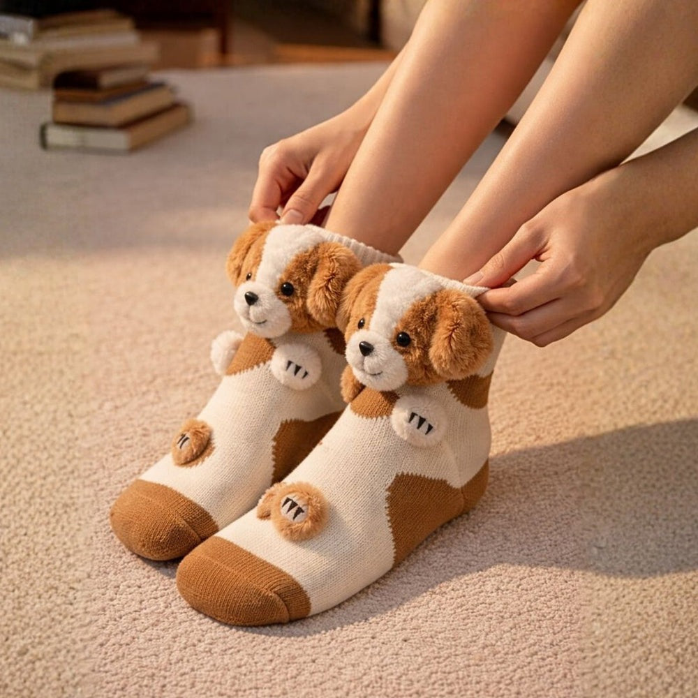 Socks with a knitted 3D animal head with ears and little paws on the foot