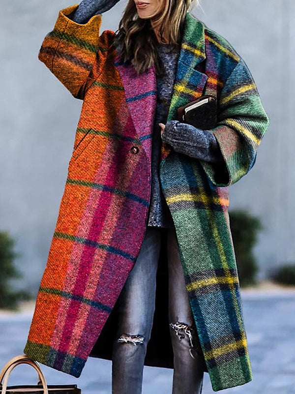 Longline coat in bright multicolour plaid with a lapel collar
