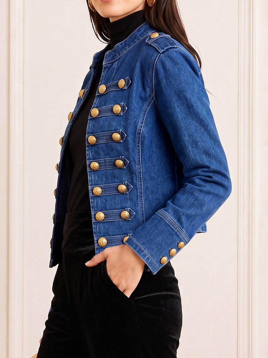Short denim military jacket with two rows of gold-tone buttons
