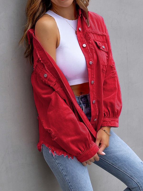 Oversized shirt jacket with frayed edges and chest pockets in red
