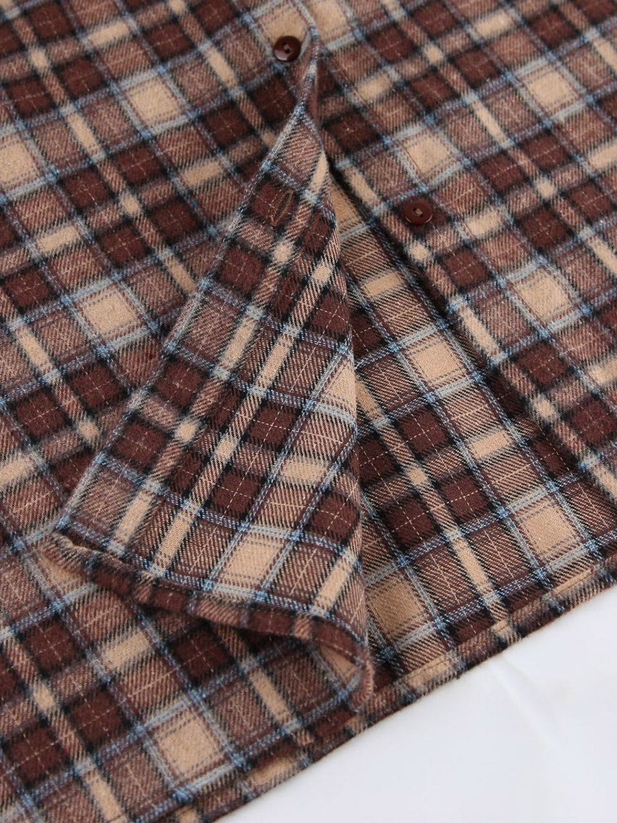 Oversized brown check shacket with a contrast collar and chest pockets