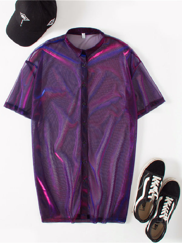 Oversized sheer overshirt with an iridescent finish and short sleeves