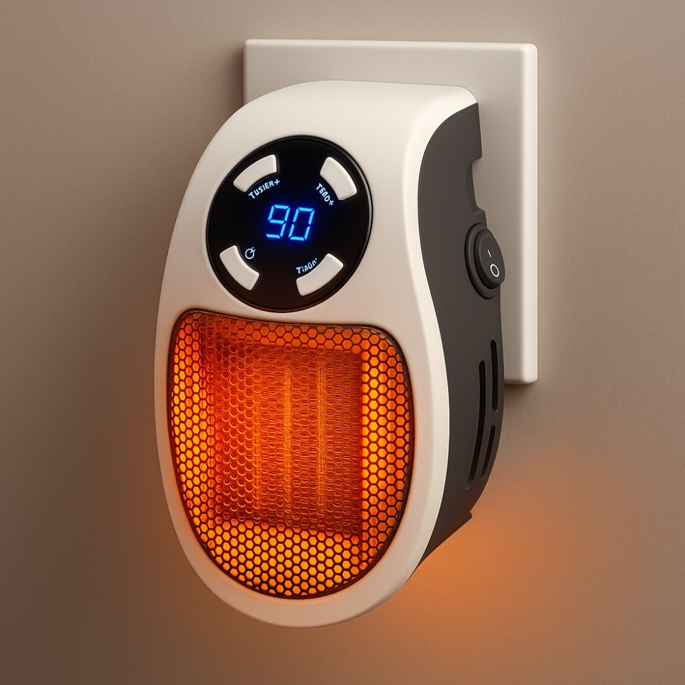 Ceramic plug-in heater with LED display, thermostat and timer