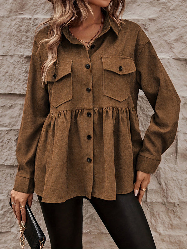 Tobacco brown corduroy shacket with a gathered peplum and chest pockets
