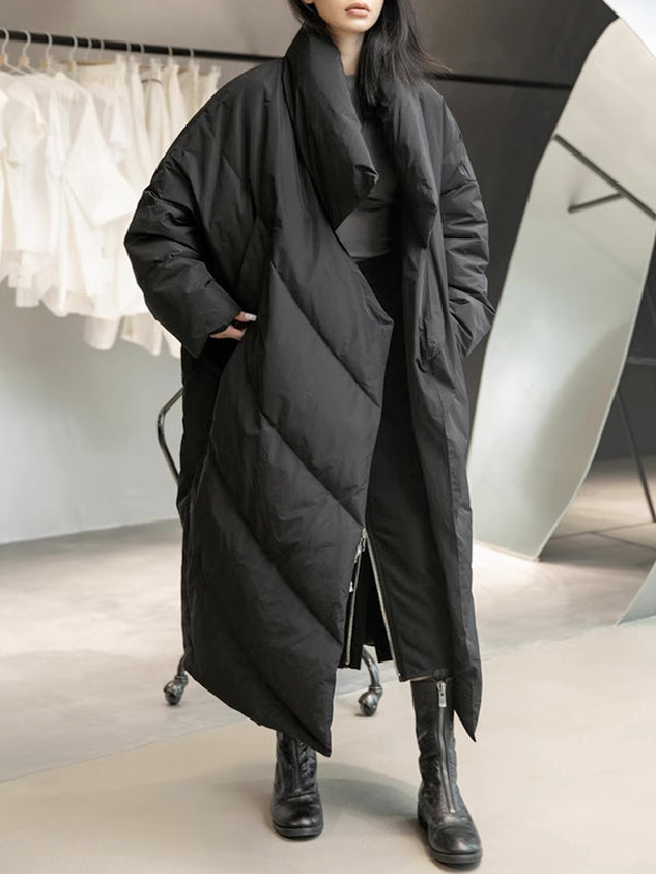 Long black padded coat with a scarf collar and diagonal quilting in black