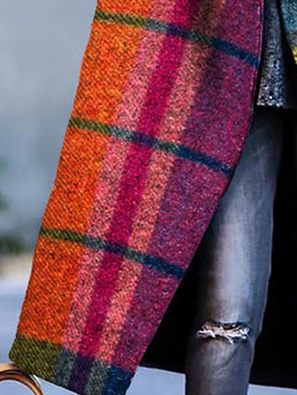 Longline coat in bright multicolour plaid with a lapel collar