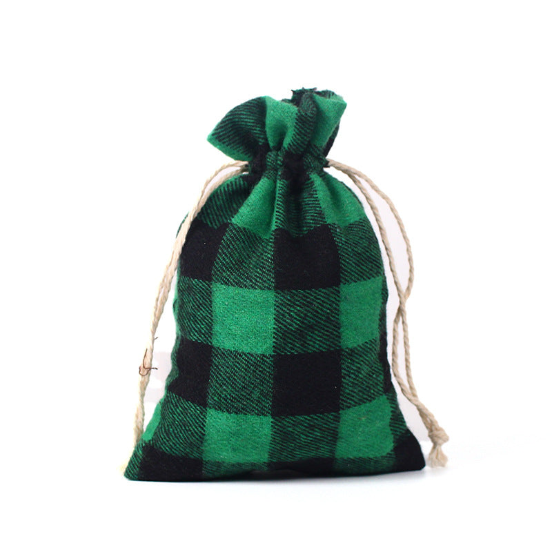 Check fabric Christmas gift bags with a natural drawstring - green and black large check