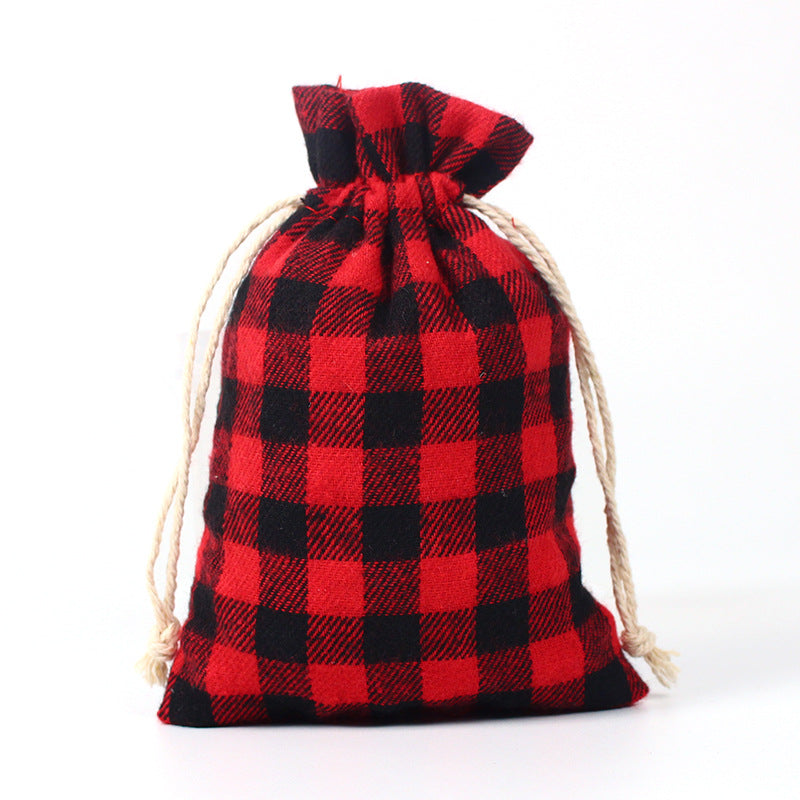 Check fabric Christmas gift bags with a natural drawstring - red and black small check