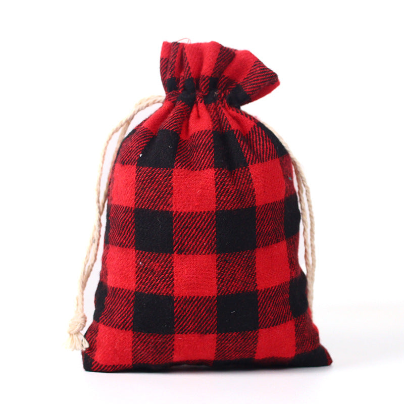 Check fabric Christmas gift bags with a natural drawstring - red and black medium check