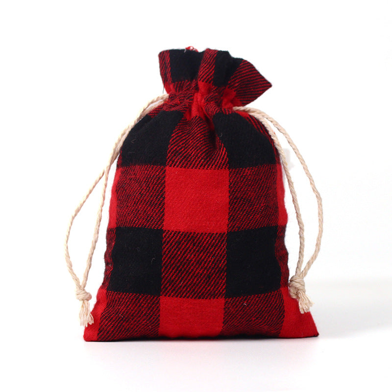 Check fabric Christmas gift bags with a natural drawstring - red and black large check